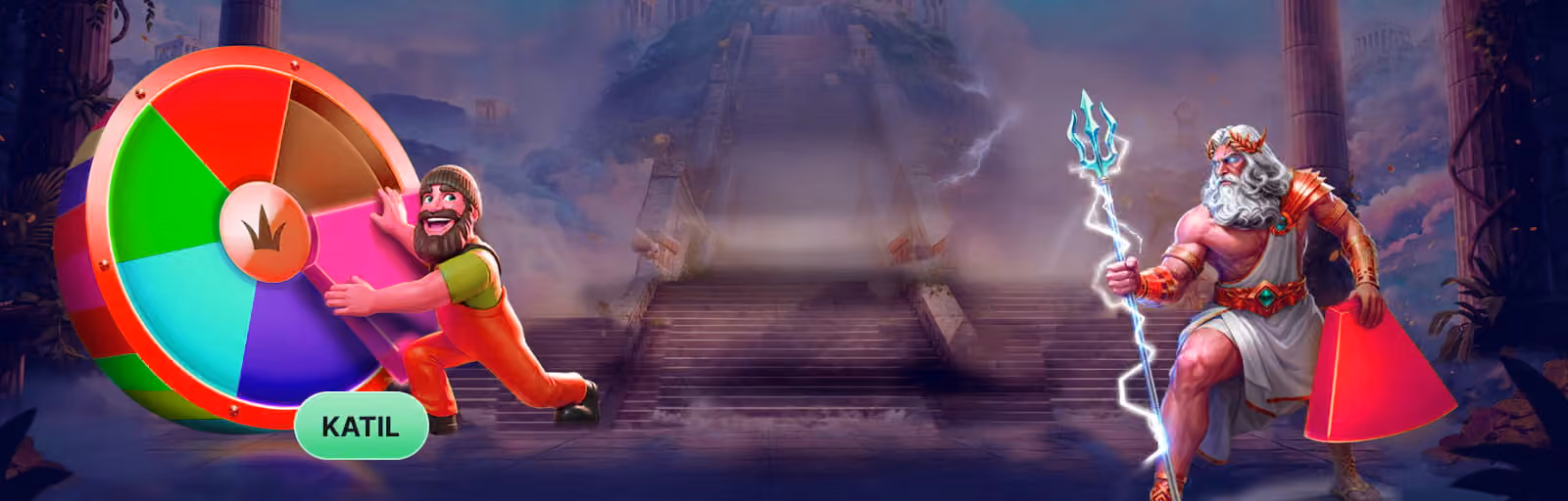 Renkli çarkıfelek, şimşek tutan Zeus ve oyun karakterleri