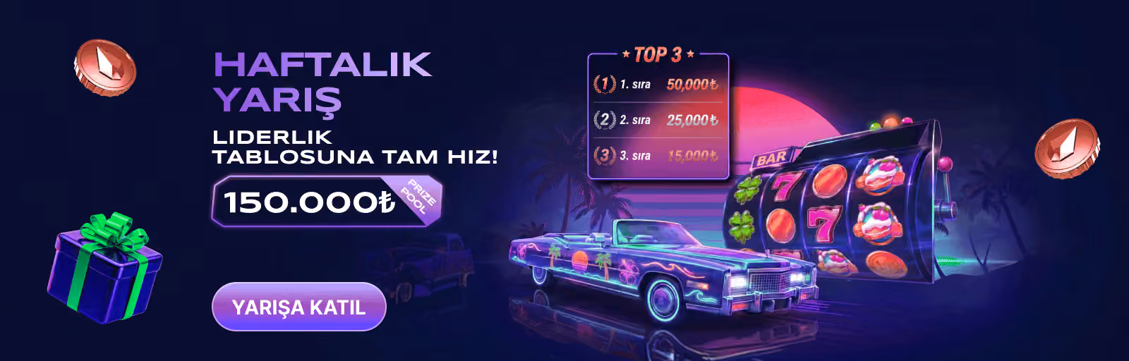 Haftalık Yarış afişi: neon araba, slot makinesi ve TOP 3 ödül tablosu