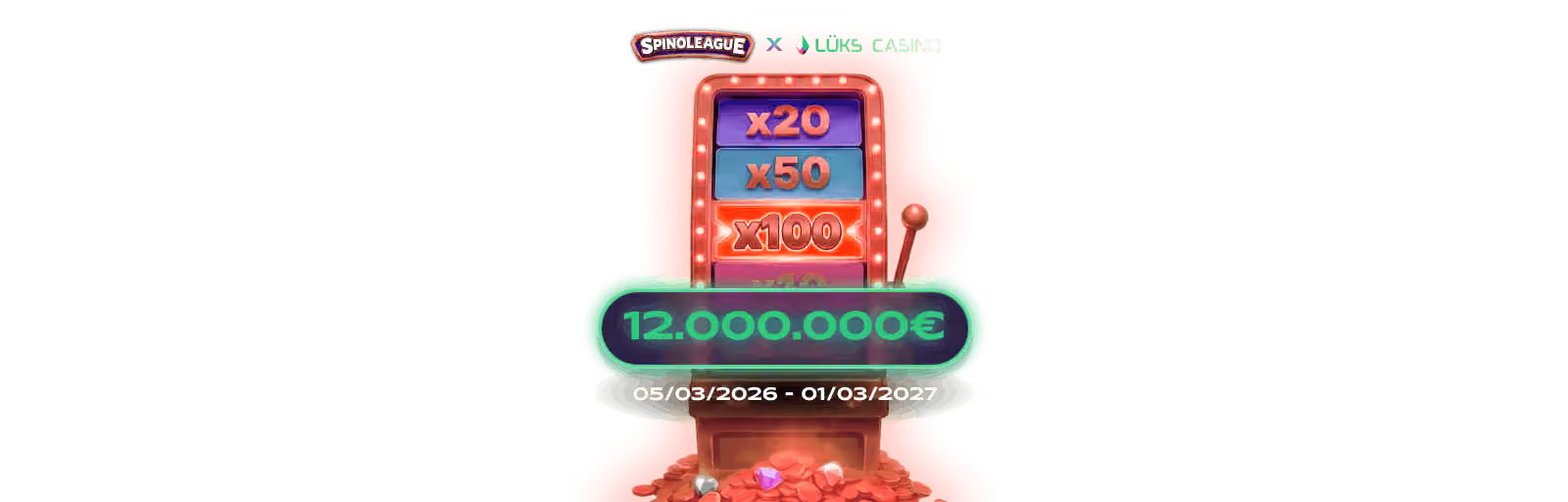 Spinoleague yazısı, x20 x50 x100 çarpanlı makara ve altın sandık