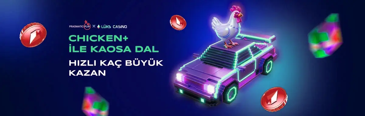 Pragmatic Play Chicken+ afişi: neon araba üstünde tavuk
