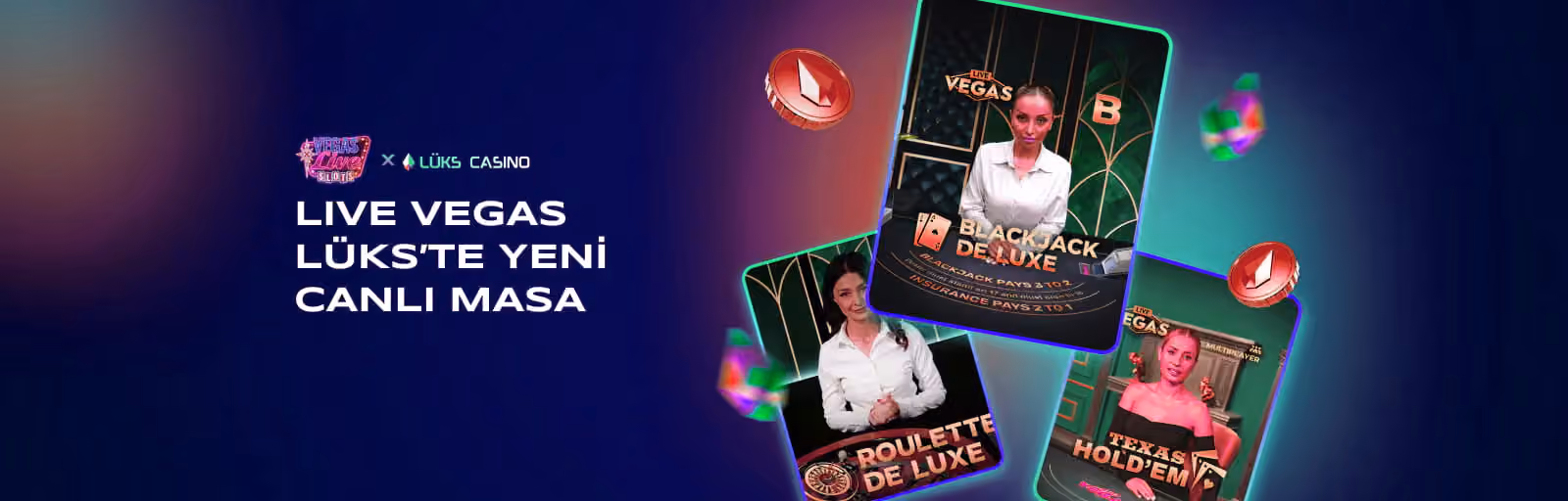 Live Vegas yeni canlı masa afişi: blackjack ve rulet oyun kartları