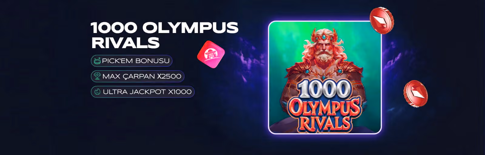 1000 Olympus Rivals afişi: oyun kartı ve altın jetonlar