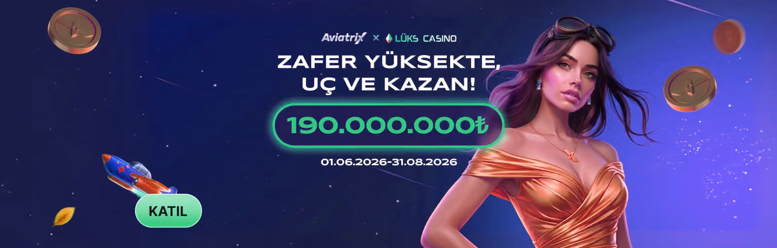 Aviatrix Zafer Yüksekte, Uç ve Kazan afişi: altın elbiseli kadın ve roket