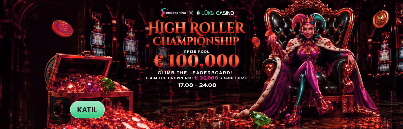 Endorphina High Roller Championship afişi: tahtta oturan kraliçe ve altın sandık