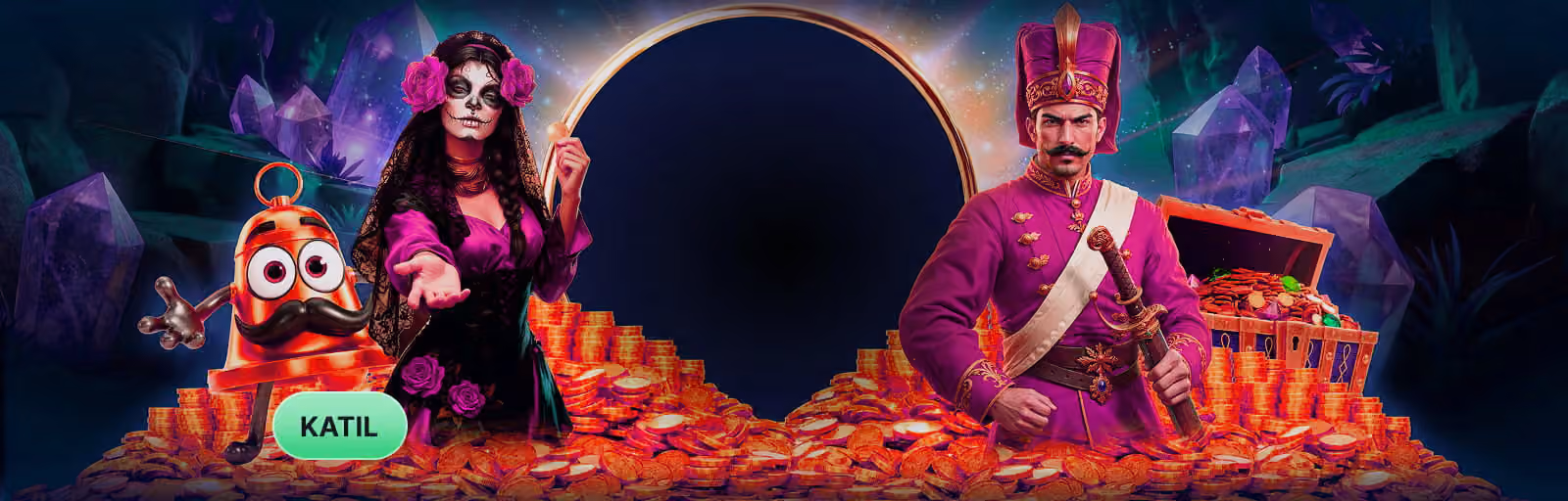 Altın yığınları üzerinde duran slot oyunu karakterleri