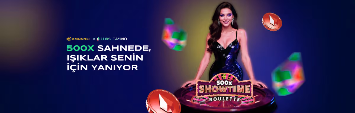 Amusnet 500x Sahnede afişi: Showtime Roulette masası ve sunucu