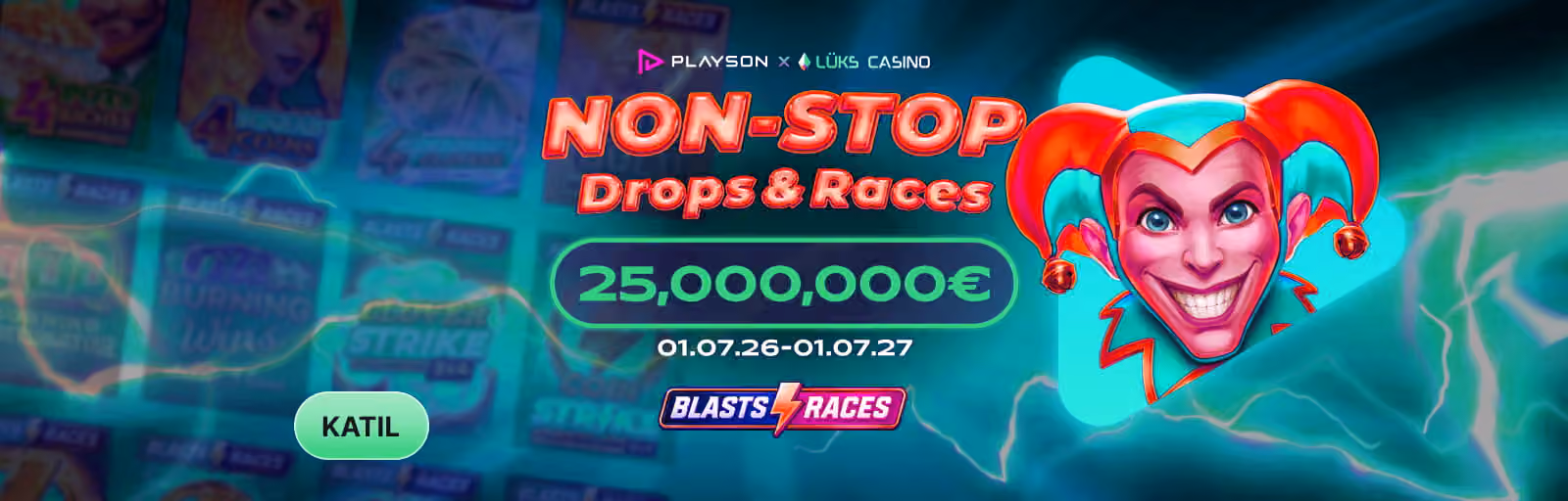 Playson Non-Stop Drops and Races afişi: gülen joker ve slot makineleri