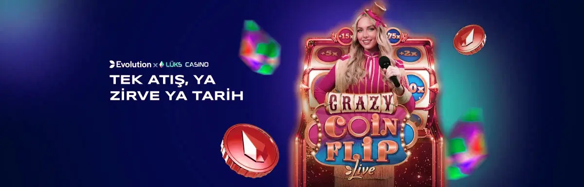 Evolution Tek Atış, Ya Zirve Ya Tarih afişi: Crazy Coin Flip makinesi ve sunucu